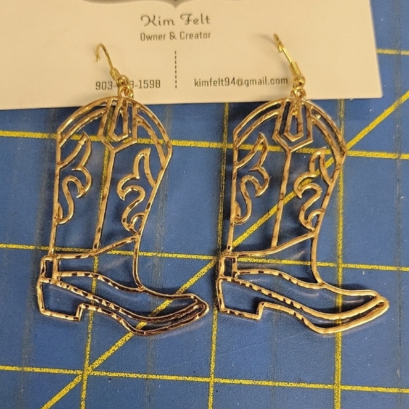 Gold Tone Cowboy Boot 2"  Earrings - Picture 1 of 2